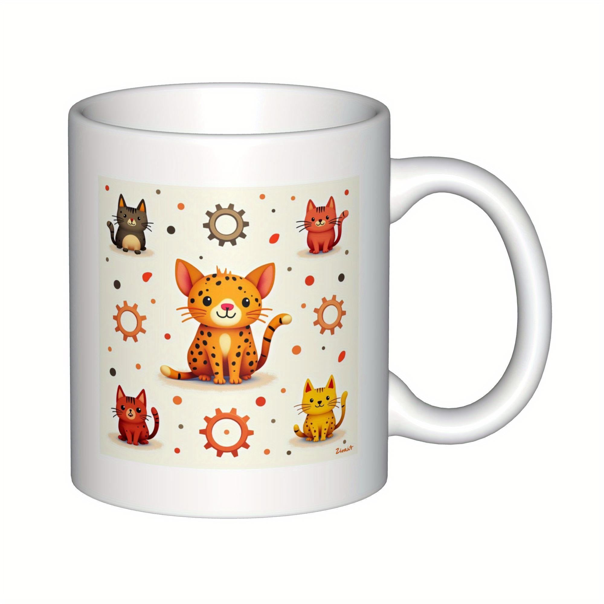 Tailorly White Ceramic 11 oz Mug - Adorable Cartoon Feline Friends Playing Among Colorful Decorative Gear Shapes Cat