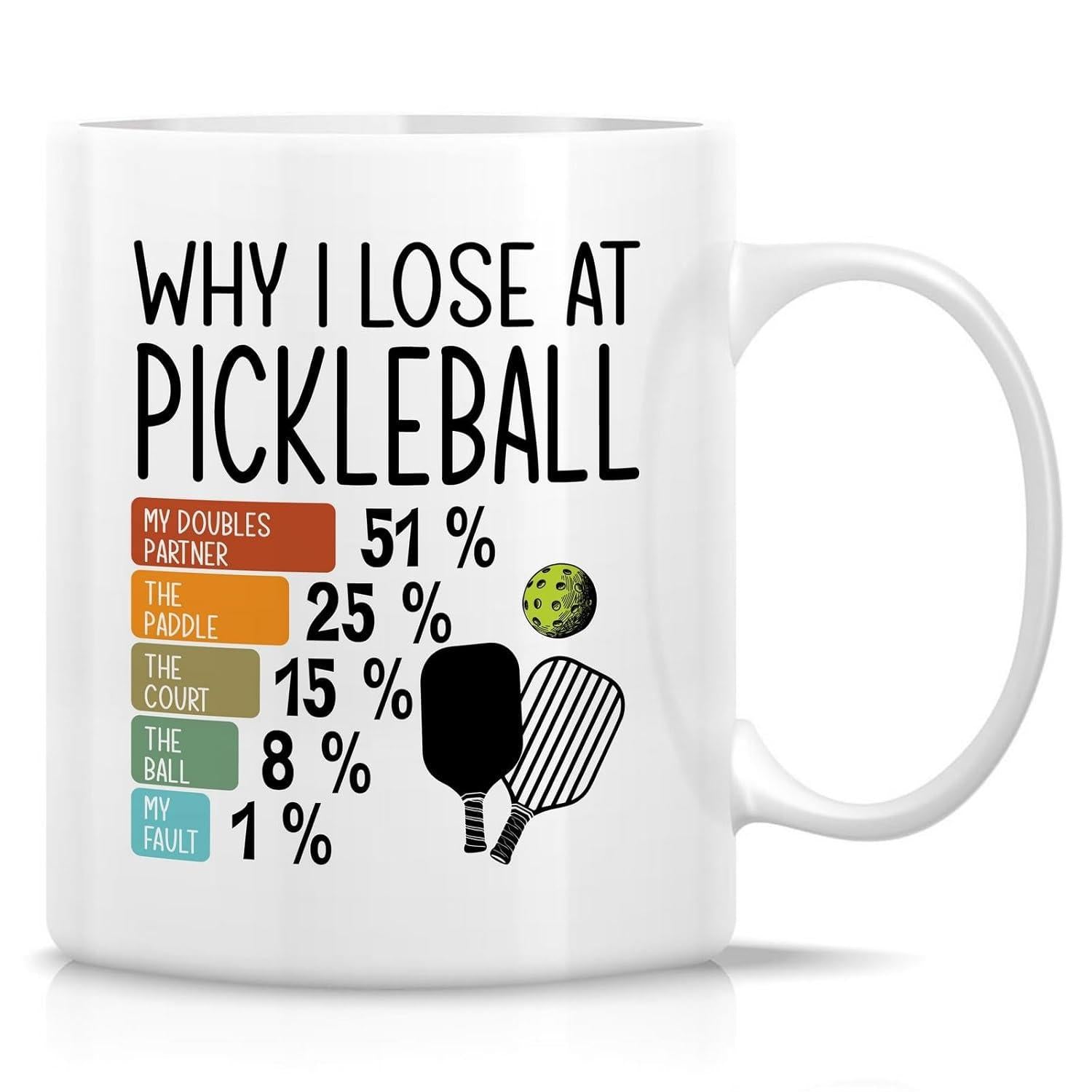 Tailorly White Ceramic 11 oz Mug - Why I Lose At Pickleball Humorous Bar Chart With Sporting Paddles And Perforated Game Ball Paddle