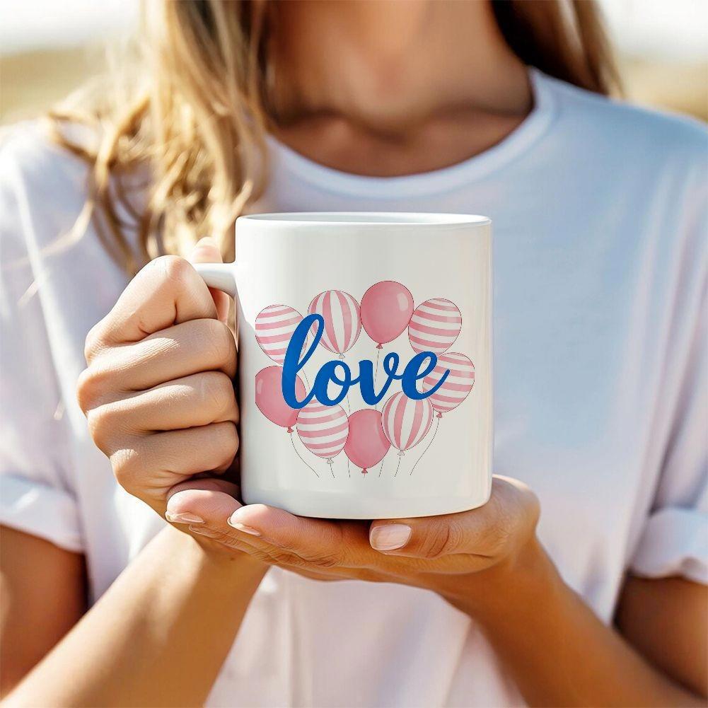 Tailorly White Ceramic 11 oz Mug - Love Heart Shaped Bundle Of Pink Striped And Solid Festive Party Balloons