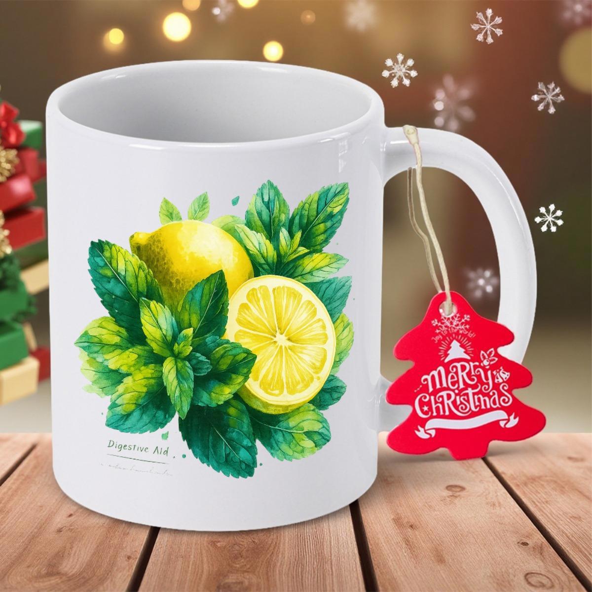 Tailorly White Ceramic 11 oz Mug - Fresh Yellow Sliced Lemons With Vibrant Green Mint Leaves Arrangement Lemon
