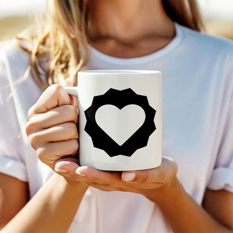 Tailorly White Ceramic 11 oz Mug - Simple Minimalist Black Geometric Circle Surrounding A Clean White Silhouette Heart