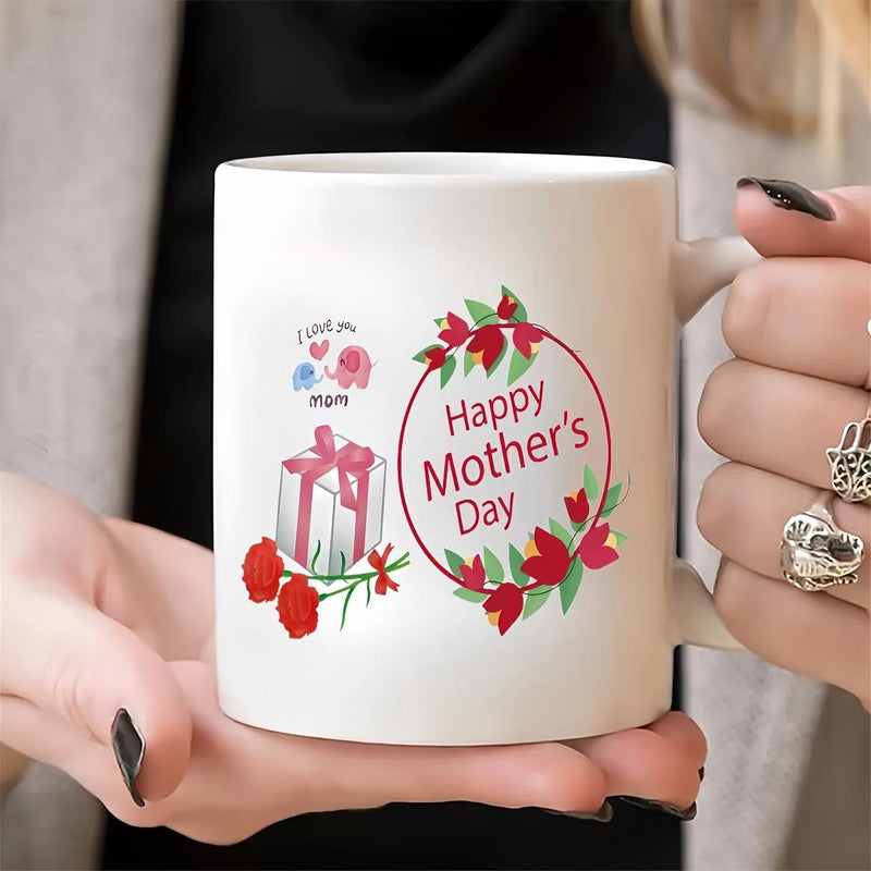 Tailorly White Ceramic 11 oz Mug - I Love You Mom Happy Mothers Day Red Blooming Flowers Within A Circular Vine Surrounding Elegant Festive Script Wreath