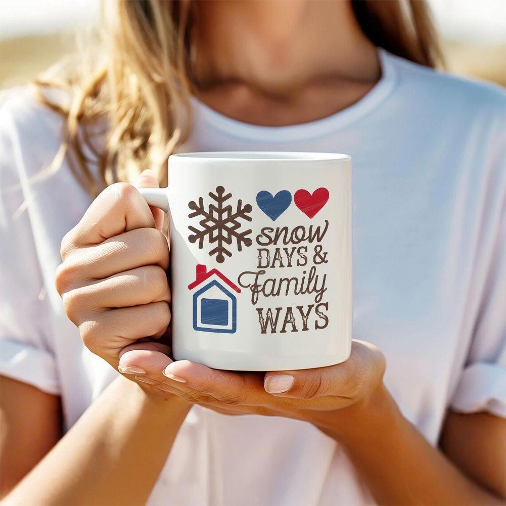 Tailorly White Ceramic 11 oz Mug - Snow Days Family Ways Delicate Winter Snowflake With Red Hearts And Blue House Mug