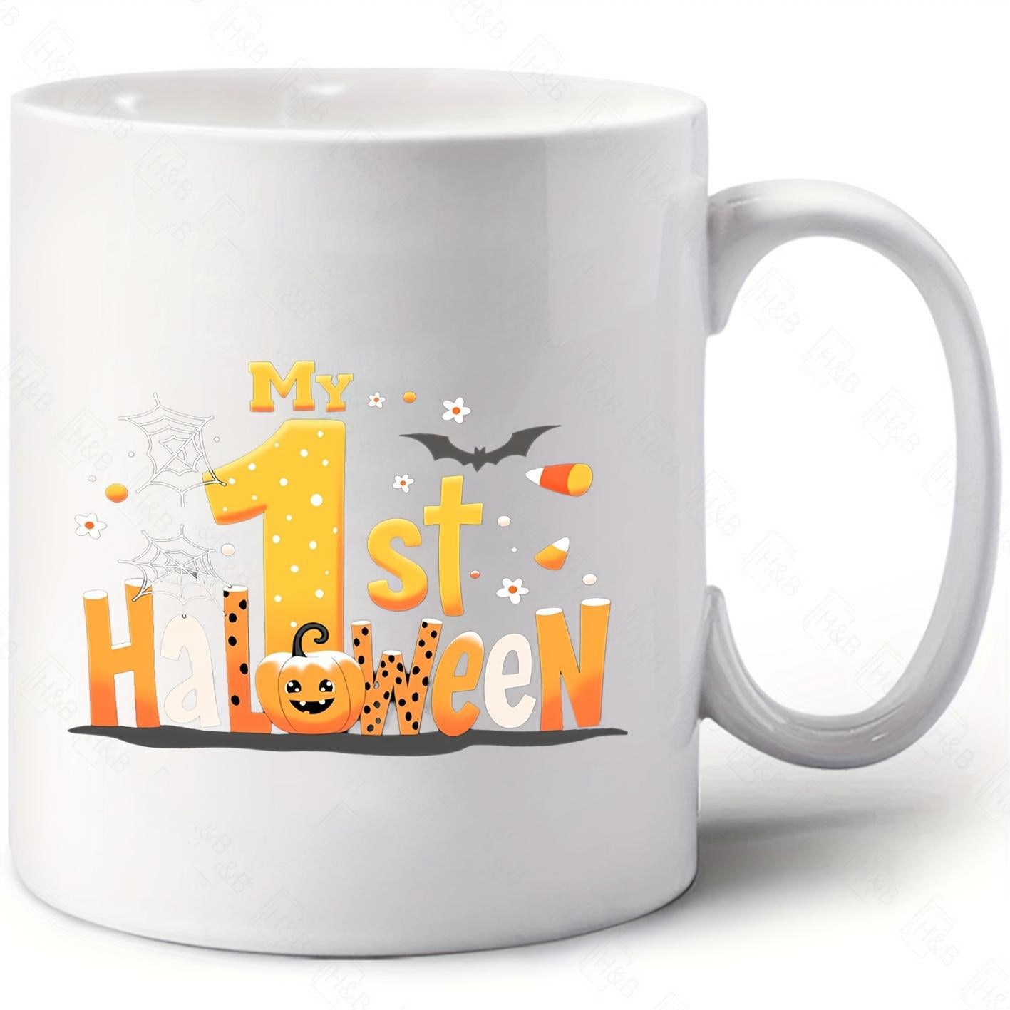 Tailorly White Ceramic 11 oz Mug - My 1st Halloween Spooky Decorations Featuring Small Ghost And Flying Bat Patterned Pumpkin