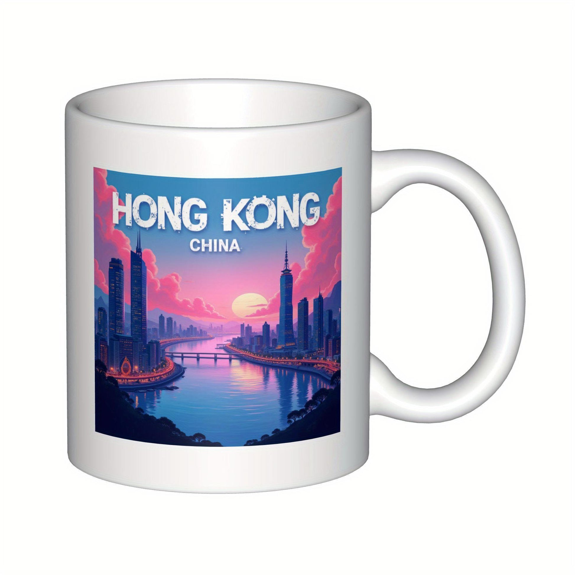 Tailorly White Ceramic 11 oz Mug - Hong Kong China Vibrant City Scene With Towering Skyscrapers Reflecting On Pink Sunset Skyline