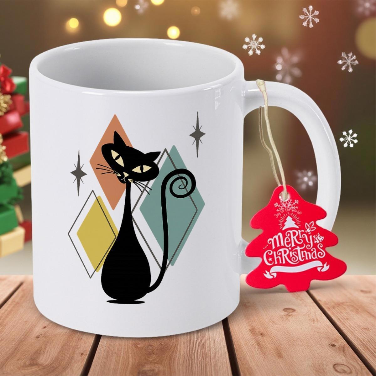 Tailorly White Ceramic 11 oz Mug - Merry Christmas Stylized Black Mid Century Modern Silhouette Among Colorful Geometric Diamonds And Sparkles Cat