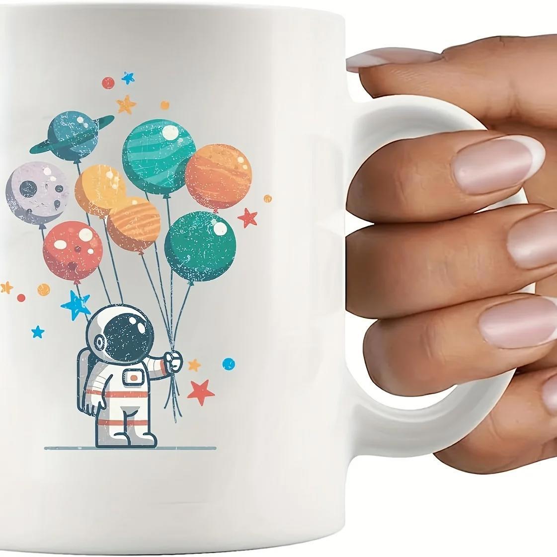 Tailorly White Ceramic 11 oz Mug - Cute Minimalist Style Holding Colorful Planet Balloons Among Twinkling Stars Astronaut