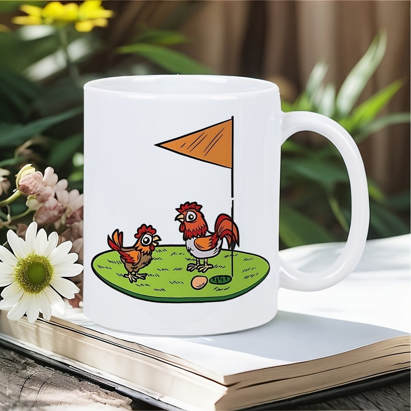 Tailorly White Ceramic 11 oz Mug - Whimsical Cartoon Chickens Playing Golf With An Egg On Green Meadow Rooster
