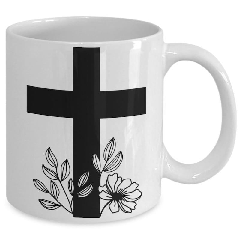 Tailorly White Ceramic 11 oz Mug - Elegant Botanical Leaves And Floral Elements Surrounding A Solid Black Symbol Cross