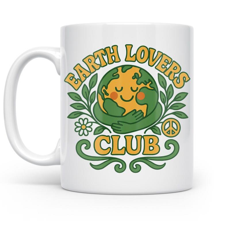 Tailorly White Ceramic 11 oz Mug - Earth Lovers Club Smiling Cartoon World Hugging Itself Surrounded By Green Leaves And Flowers Earth