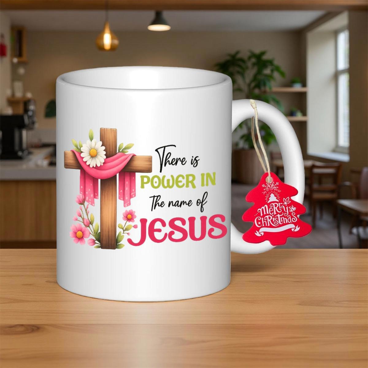 Tailorly White Ceramic 11 oz Mug - There Is Power In The Name Of Jesus Wooden Cross Wrapped In Pink Fabric Among Elegant Floral Flower Blossoms Cross