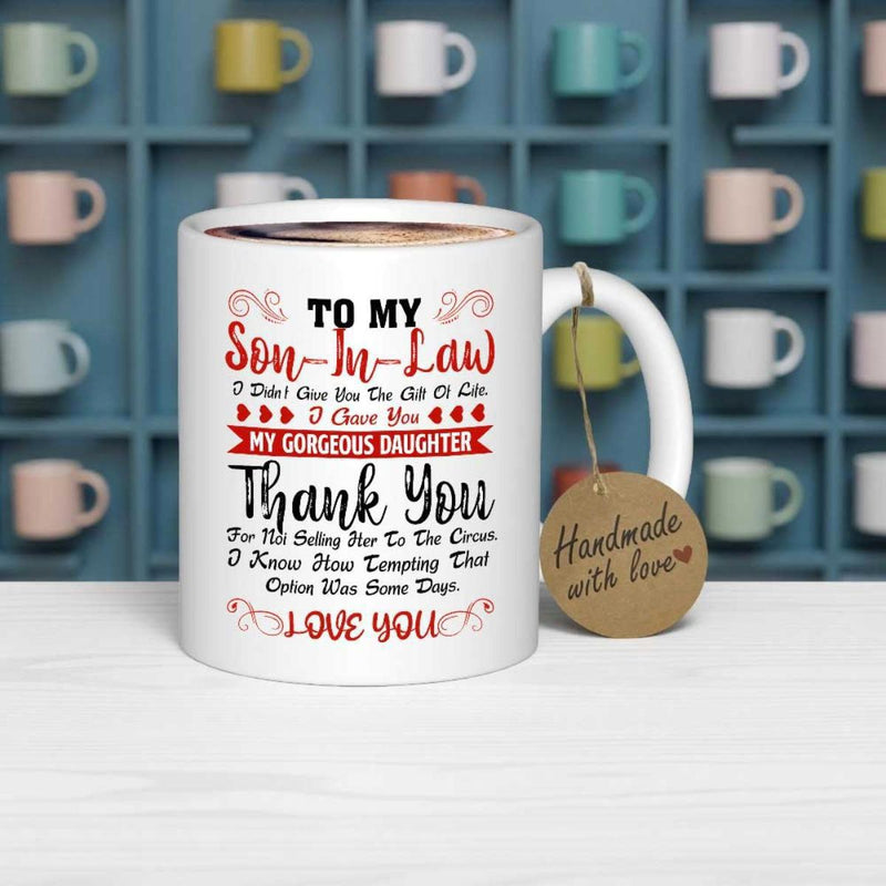 Tailorly White Ceramic 11 oz Mug - To My Son In Law Decorated With Red Hearts And Elegant Sentimental Script Mug