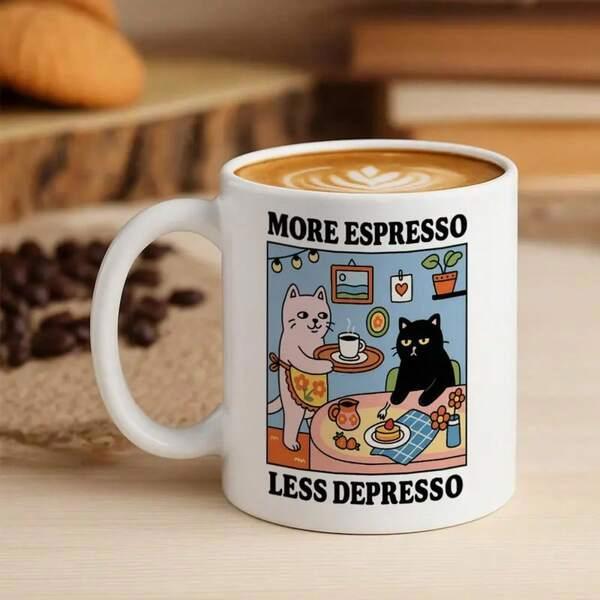 Tailorly White Ceramic 11 oz Mug - More Espresso Less Depresso Two Cute Cartoon Felines Serving Breakfast Inside A Warm Cozy Cafe Cat