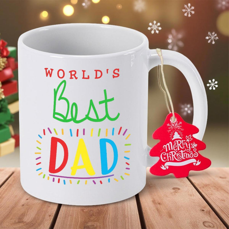 Tailorly White Ceramic 11 oz Mug - Worlds Best Dad Merry Christmas Vibrant Multicolored Text On With Holiday Tree Mug