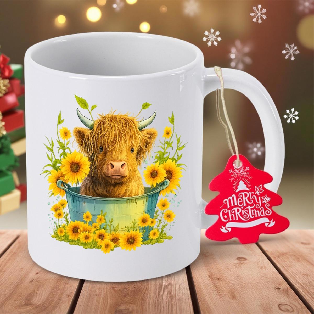 Tailorly White Ceramic 11 oz Mug - Adorable Fluffy Highland Cow Resting In A Rustic Tub With Sunflowers Highland Cow