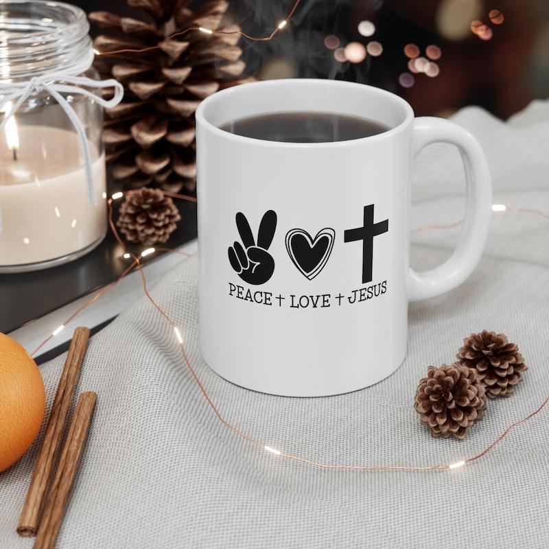 Tailorly White Ceramic 11 oz Mug - Peace Love Jesus Simple Minimalist Icons Reflecting Universal Faith And Harmony Symbols