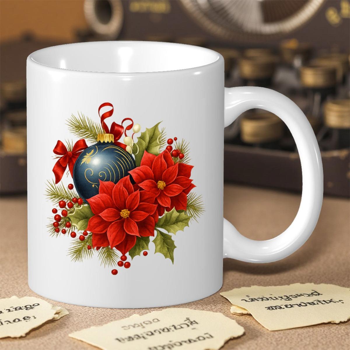 Tailorly White Ceramic 11 oz Mug - Festive Red Poinsettia Flowers Surrounded By Green Pine Needles And Berries Ornament