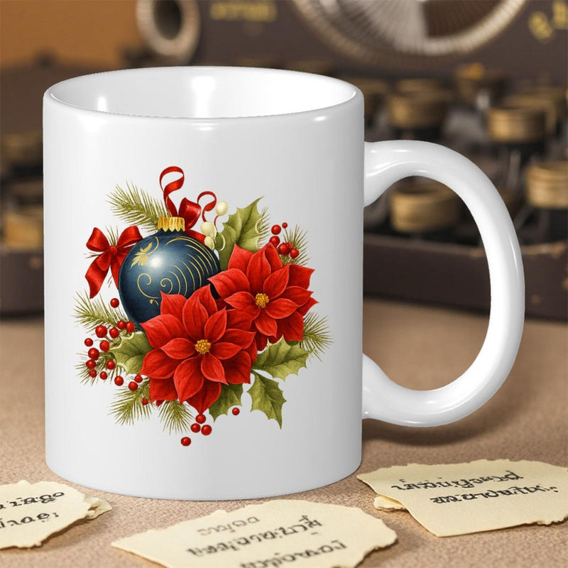 Tailorly White Ceramic 11 oz Mug - Festive Red Poinsettia Flowers Surrounded By Green Pine Needles And Berries Ornament