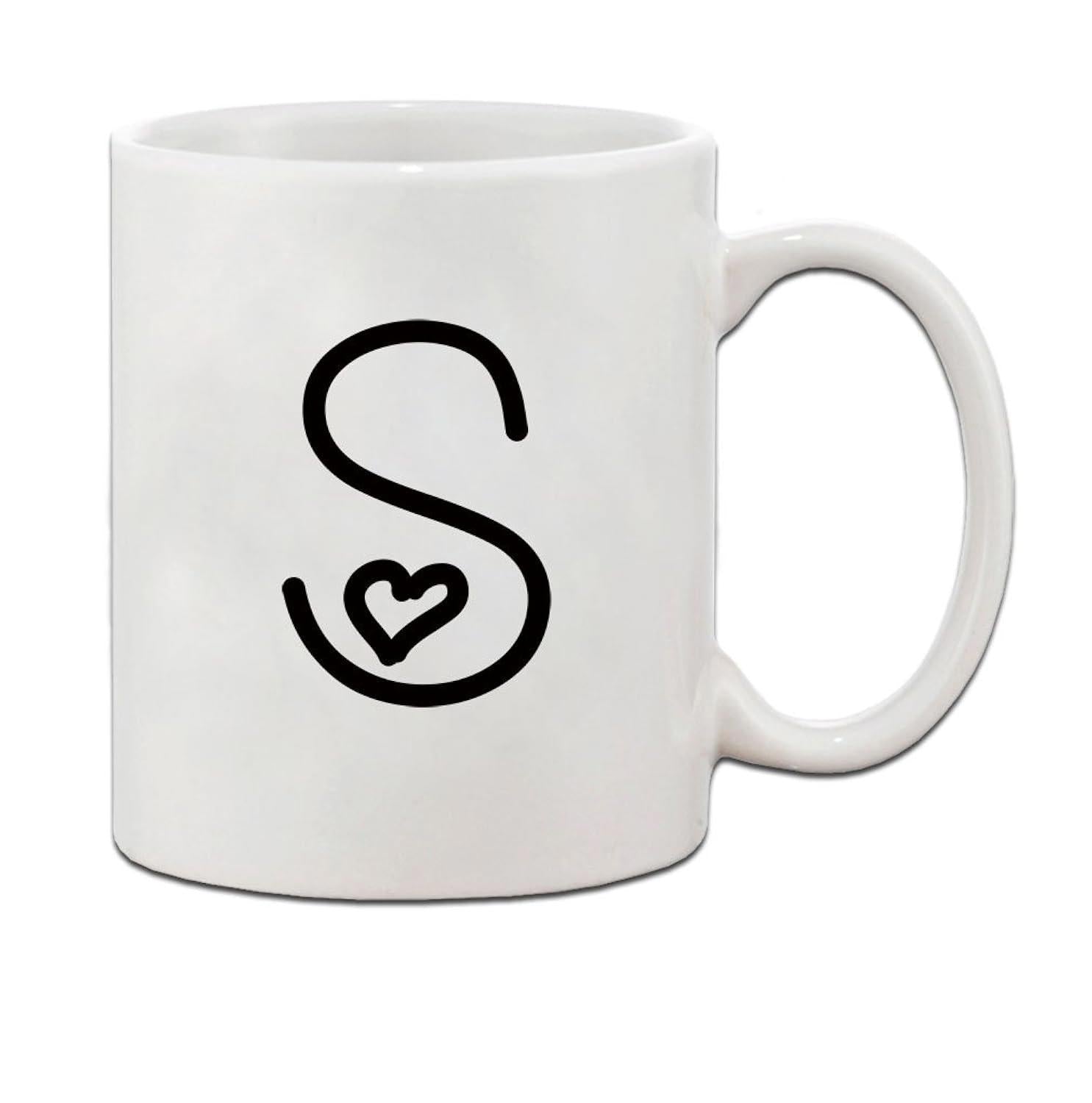 Tailorly White Ceramic 11 oz Mug - S Minimalist Black Hand Drawn Letter With Small Heart Detail Monogram Mug