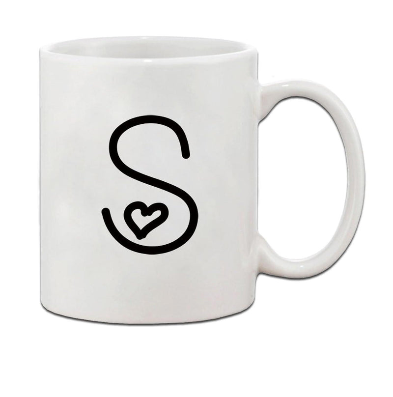 Tailorly White Ceramic 11 oz Mug - S Minimalist Black Hand Drawn Letter With Small Heart Detail Monogram Mug