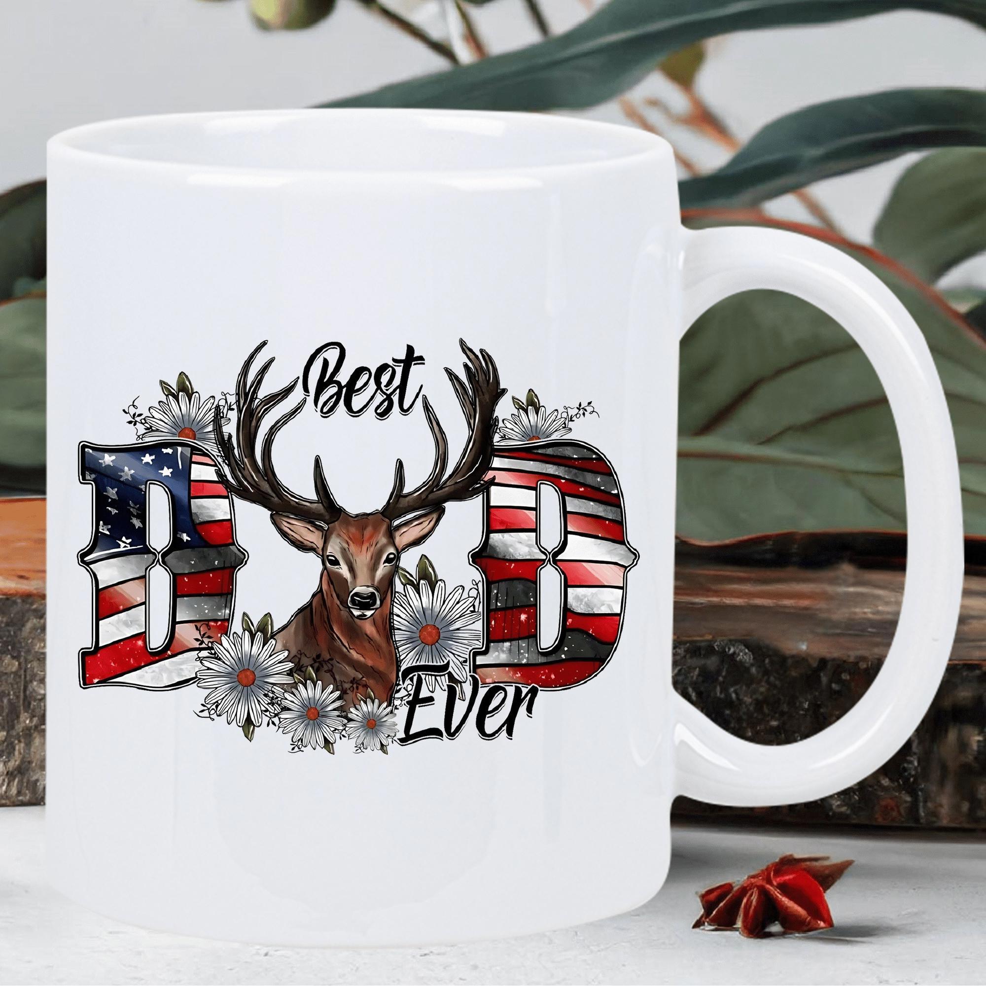 Tailorly White Ceramic 11 oz Mug - Best Dad Ever Majestic Stag With Antlers Among Flowers Featuring American Flag Pattern Deer