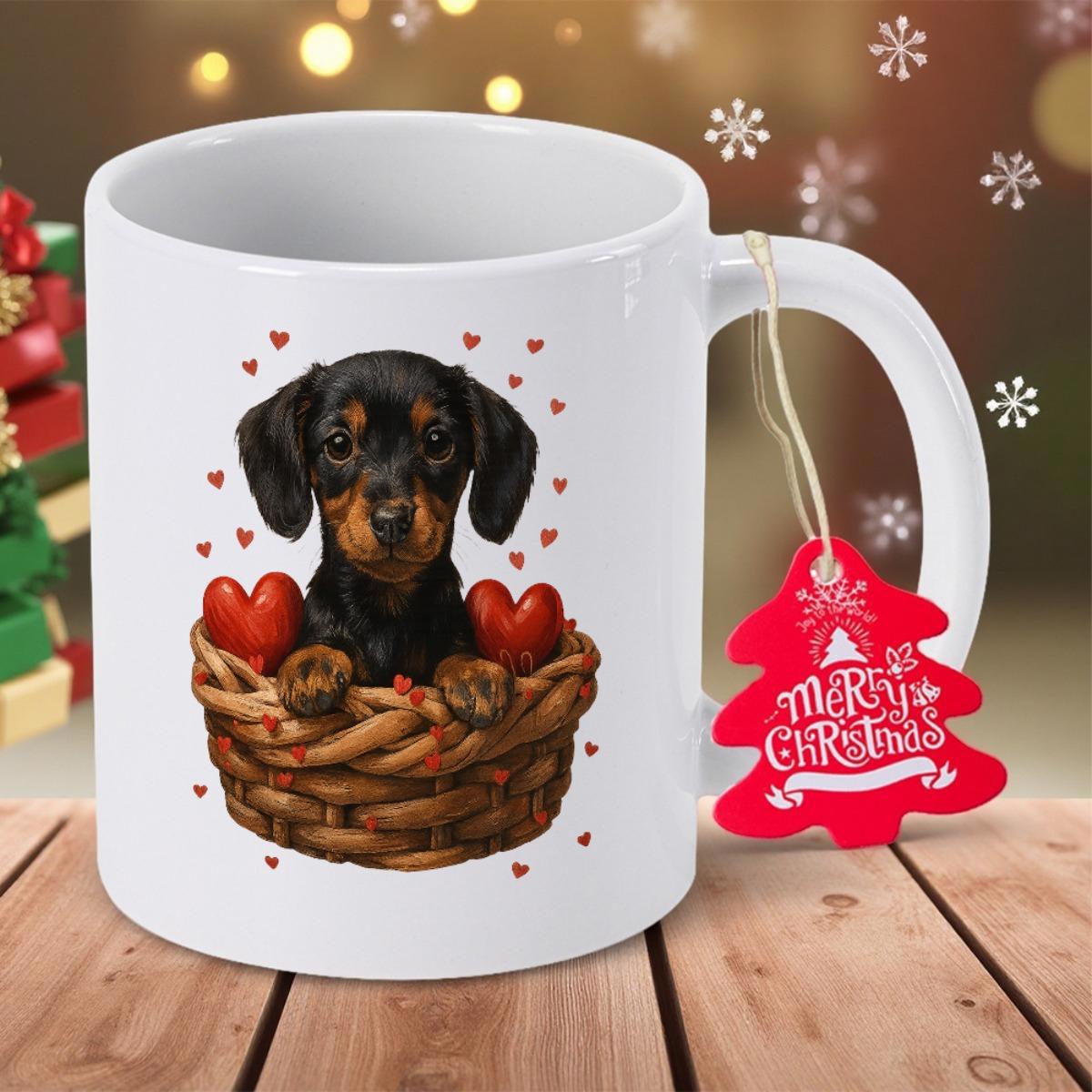 Tailorly White Ceramic 11 oz Mug - Merry Christmas Adorable Puppy Sitting Inside Woven Basket Surrounded By Tiny Red Hearts Dachshund