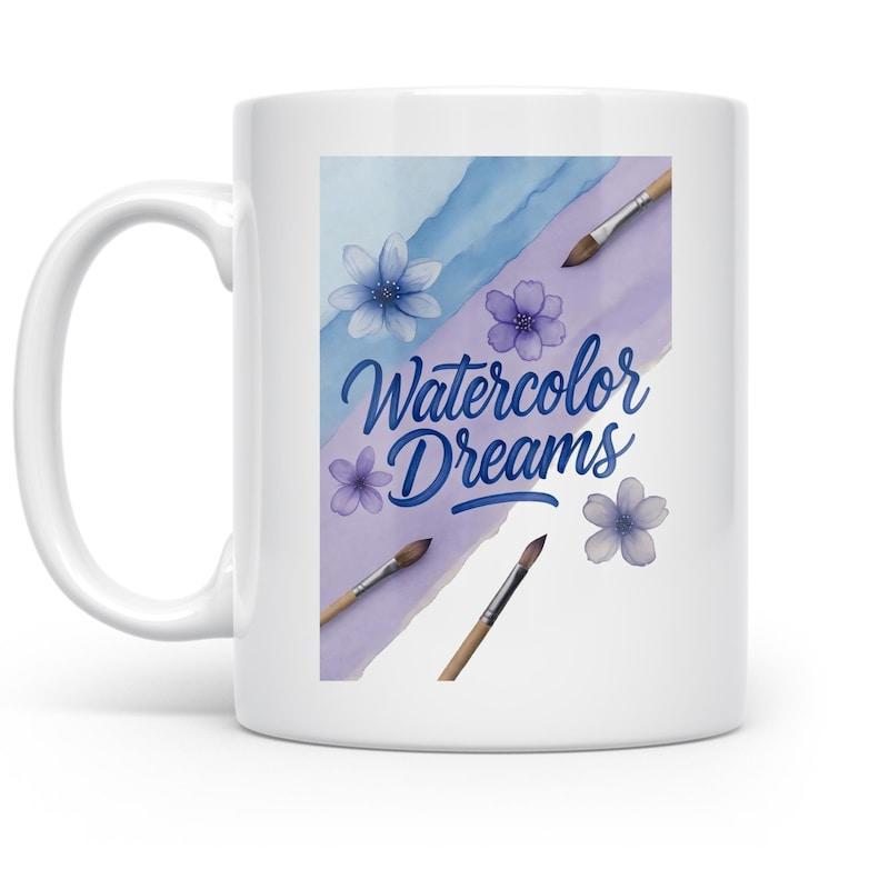 Tailorly White Ceramic 11 oz Mug - Watercolor Dreams Soft Purple Flowers And Blue Artistic Strokes With Professional Painting Brush