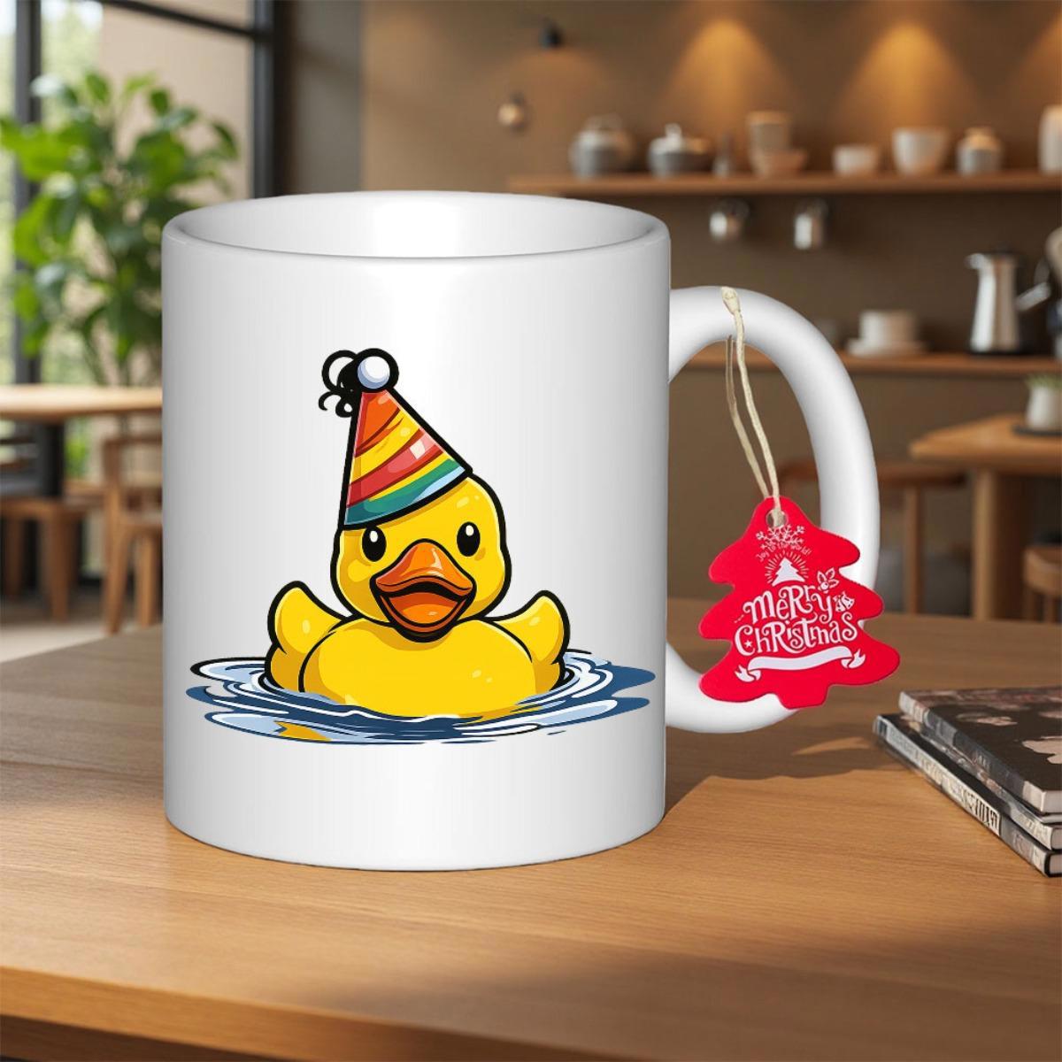 Tailorly White Ceramic 11 oz Mug - Merry Christmas Vibrant Yellow Bird Wearing Striped Celebration Hat Floating In Gentle Water Duck