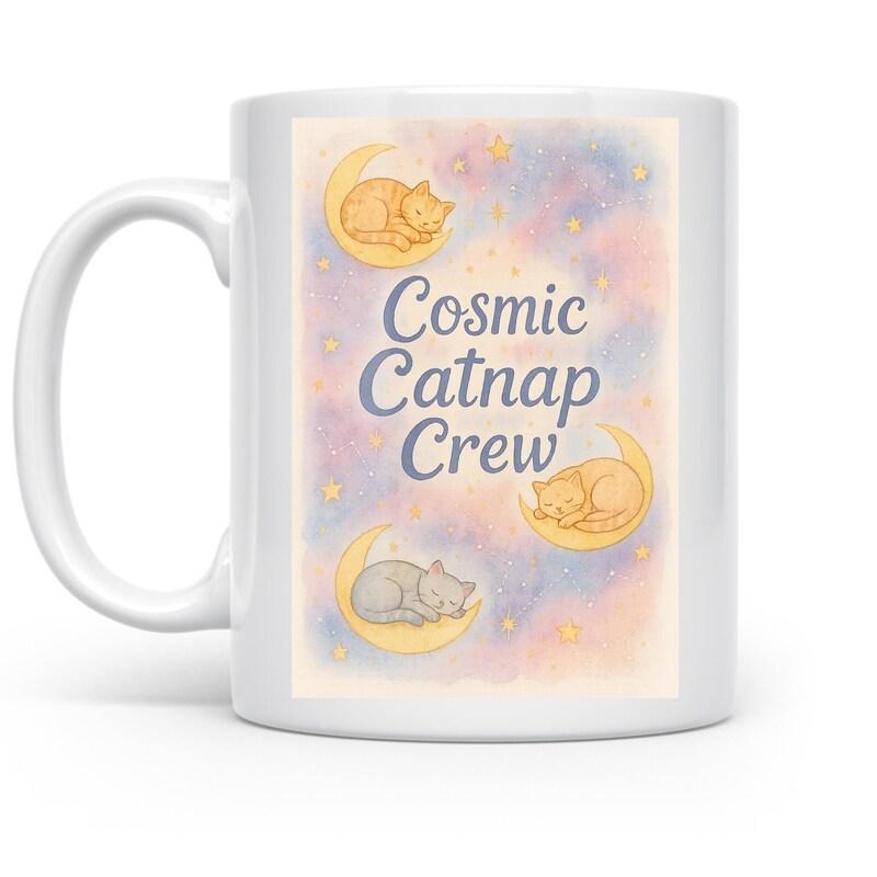 Tailorly White Ceramic 11 oz Mug - Cosmic Catnap Crew Adorable Sleeping Kittens Resting On Crescent Moons Within Pastel Galaxy Cat