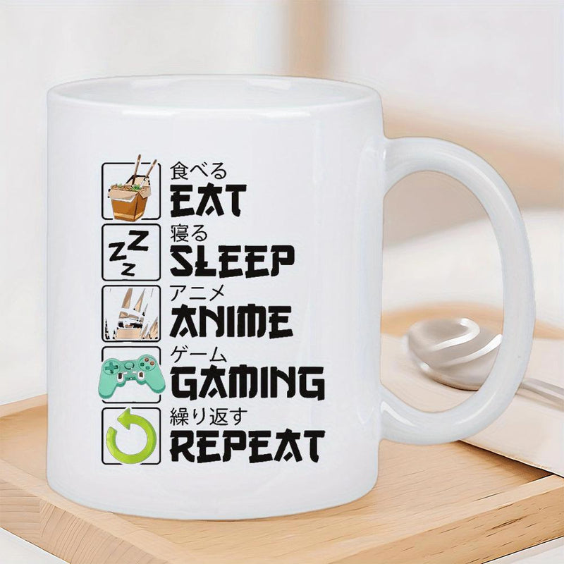 Tailorly White Ceramic 11 oz Mug - Eat Sleep Anime Gaming Repeat Minimalist Daily Routine Symbols Featuring Gaming Controller And Ramen Bowl Icons