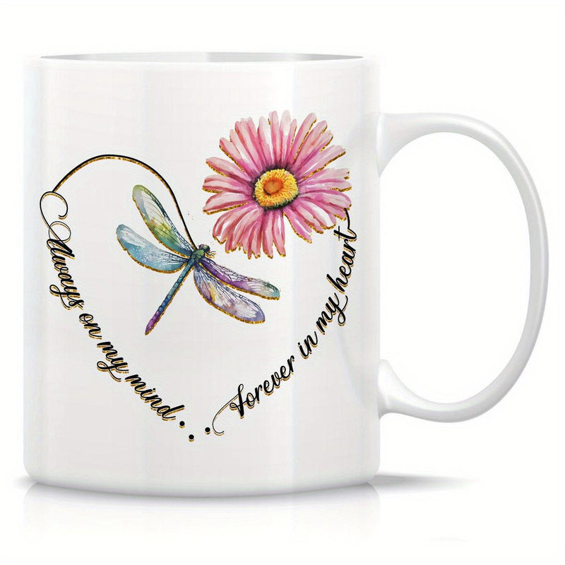 Tailorly White Ceramic 11 oz Mug - Always On My Mind Forever In My Heart Pink Daisy And Dragonfly Arranged Within A Swirling Floral Heart Dragonfly