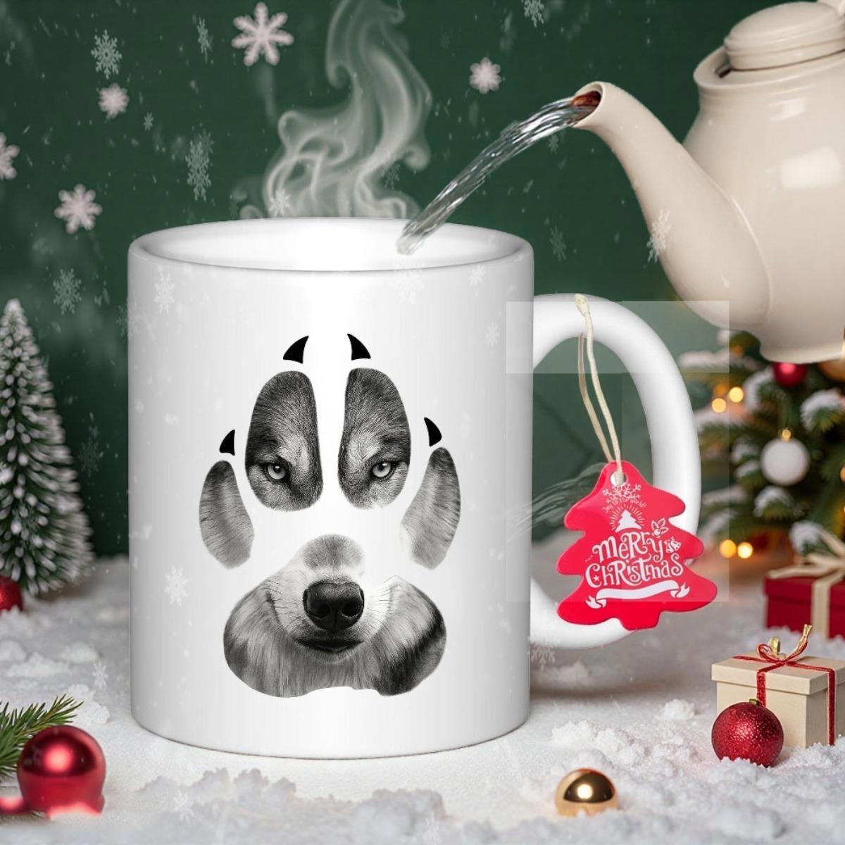 Tailorly White Ceramic 11 oz Mug - Wild Predator Spirit With Intense Gaze Inside A Canine Paw Print Wolf