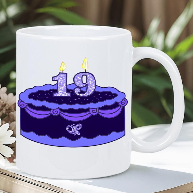 Tailorly White Ceramic 11 oz Mug - Purple Layered Birthday Celebration Cake With Nineteen Sparkling Glitter Candles Atop Cake