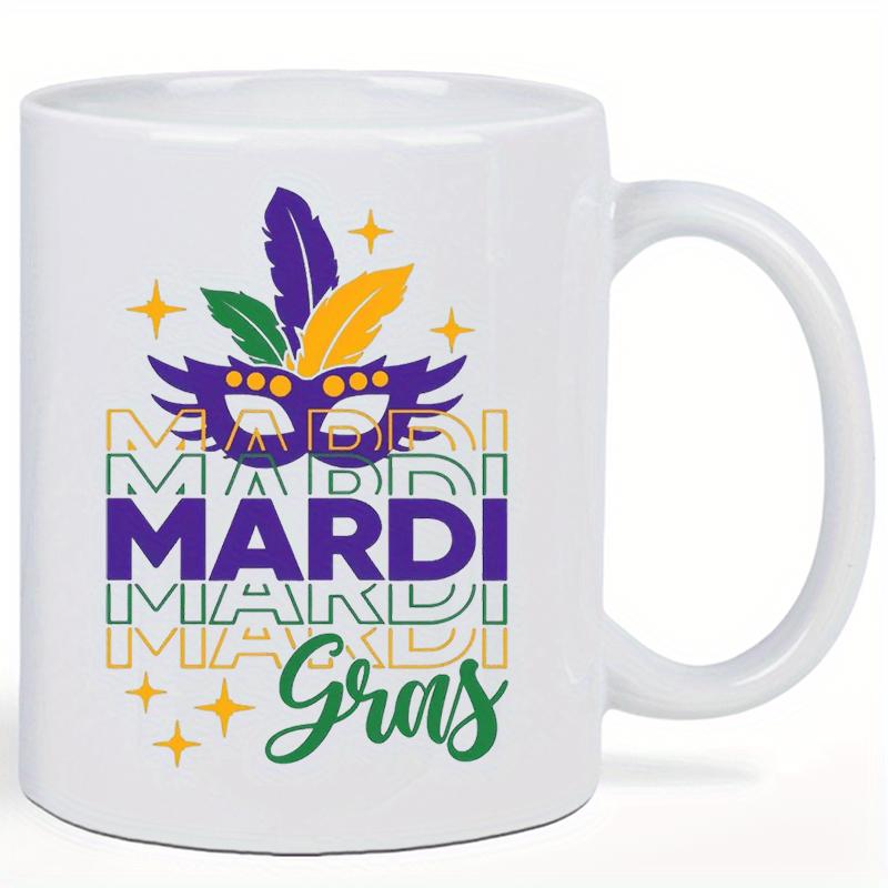 Tailorly White Ceramic 11 oz Mug - Mardi Gras Festive Purple Masquerade Mask With Vibrant Feathers And Shining Stars Mask
