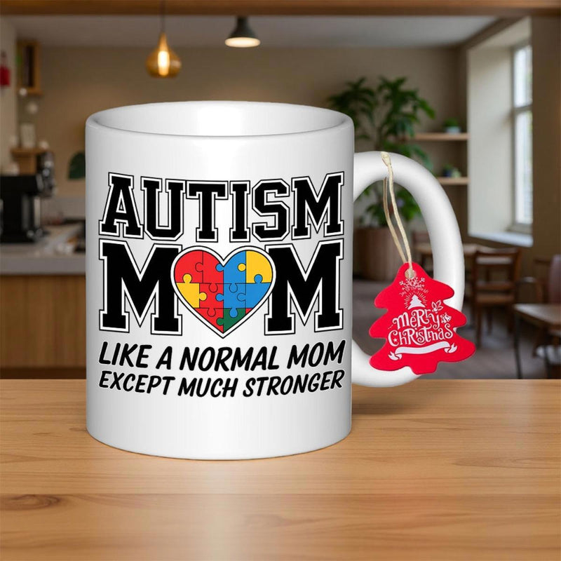 Tailorly White Ceramic 11 oz Mug - Autism Mom Like A Normal Mom Except Much Stronger Heart Filled With Colorful Puzzle Pieces Standing Against Clean White Surface