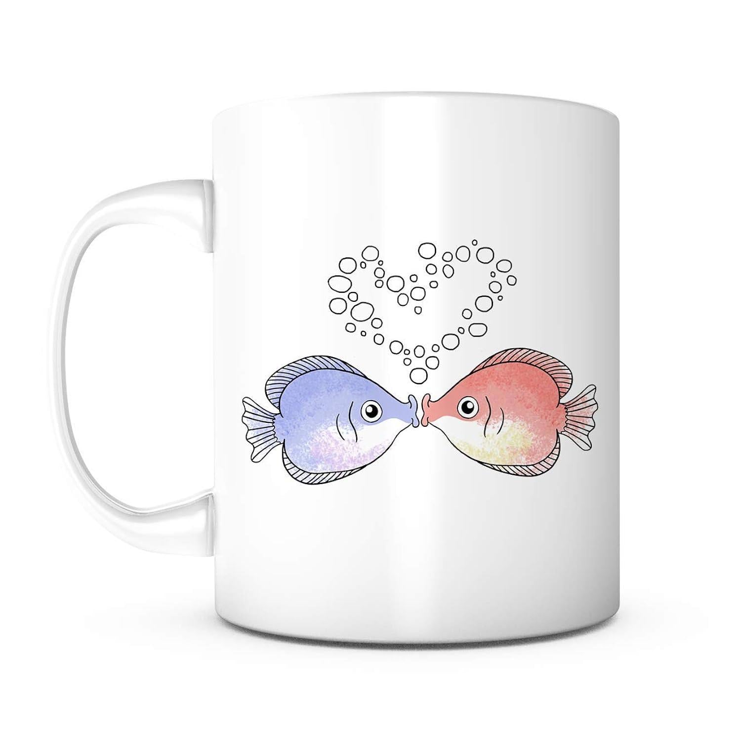 Tailorly White Ceramic 11 oz Mug - Two Watercolor Kissing Tropical Fish Floating Under Heart Shaped Bubbles Fish