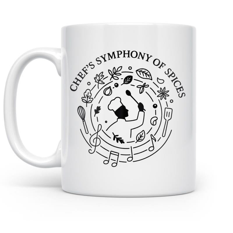 Tailorly White Ceramic 11 oz Mug - Chef's Symphony Of Spices Minimalist Line Art Drawing Of Professional Person Conducting Musical Notes Chef