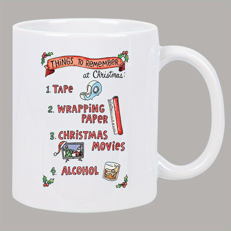 Tailorly White Ceramic 11 oz Mug - Things To Remember At Christmas Tape Wrapping Paper Christmas Movies Alcohol Hand Drawn Festive Holiday Checklist Featuring Tape
