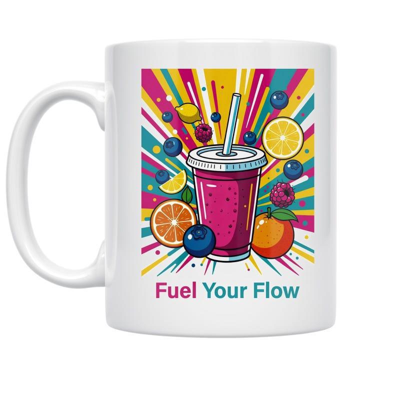 Tailorly White Ceramic 11 oz Mug - Fuel Your Flow Vibrant Tropical Fruit Slices Surrounded By Bursting Colorful Lines Drink