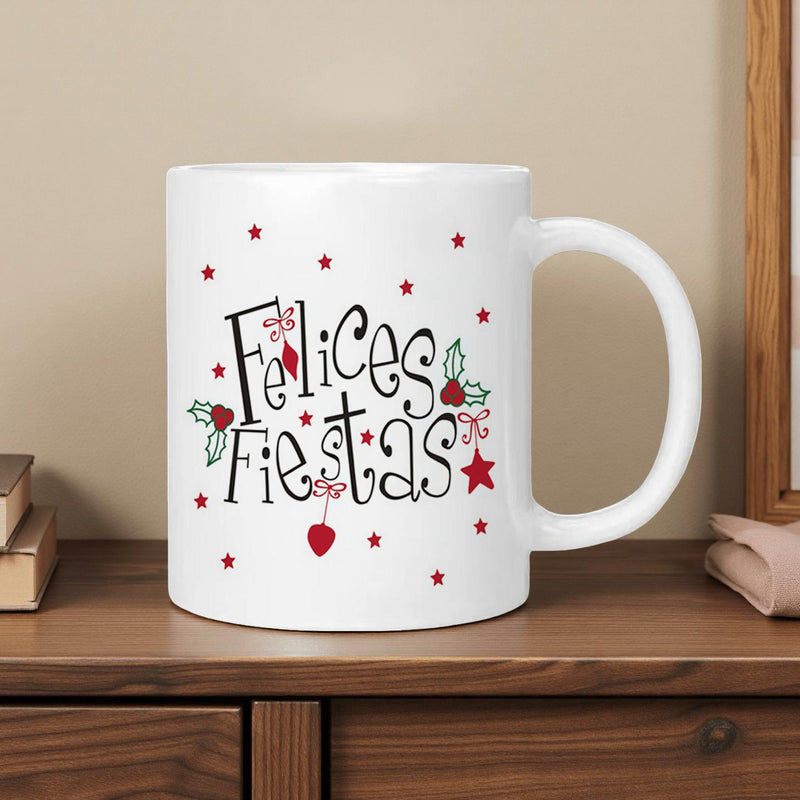 Tailorly White Ceramic 11 oz Mug - Festive Stars And Red Holly Leaves On A Ceramic Mug