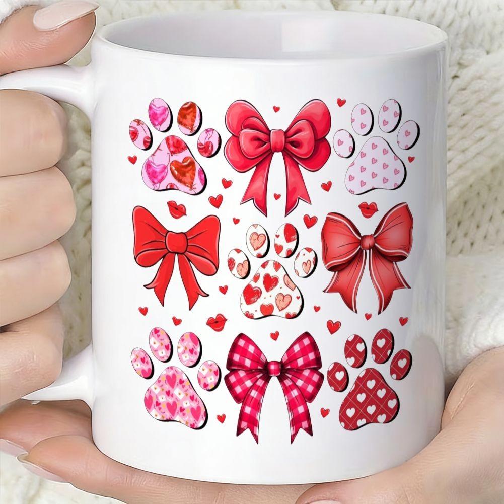 Tailorly White Ceramic 11 oz Mug - Vibrant Red Hearts And Pink Patterns Filling Decorative Animal Ribbons Paw