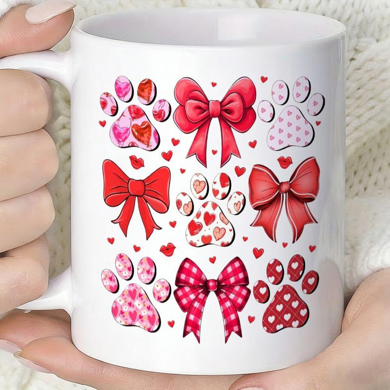 Tailorly White Ceramic 11 oz Mug - Vibrant Red Hearts And Pink Patterns Filling Decorative Animal Ribbons Paw