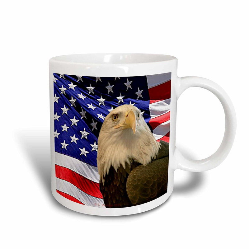 Tailorly White Ceramic 11 oz Mug - Majestic Waving American Flag Pattern Featuring A Proud Profile Bald Eagle
