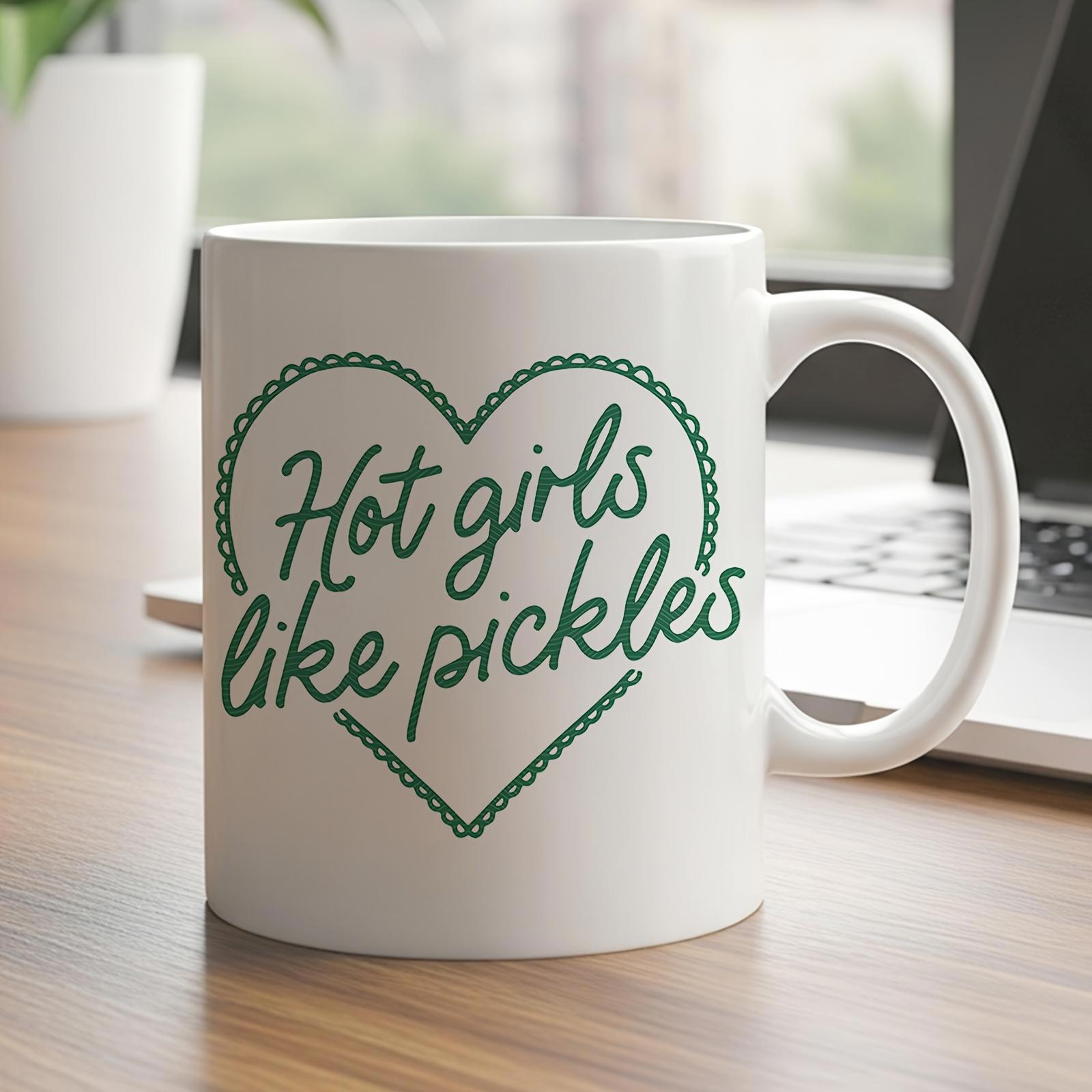 Tailorly White Ceramic 11 oz Mug - Hot Girls Like Pickles Green Dotted Heart Shape Surrounding Scripted Text On White Surface Heart