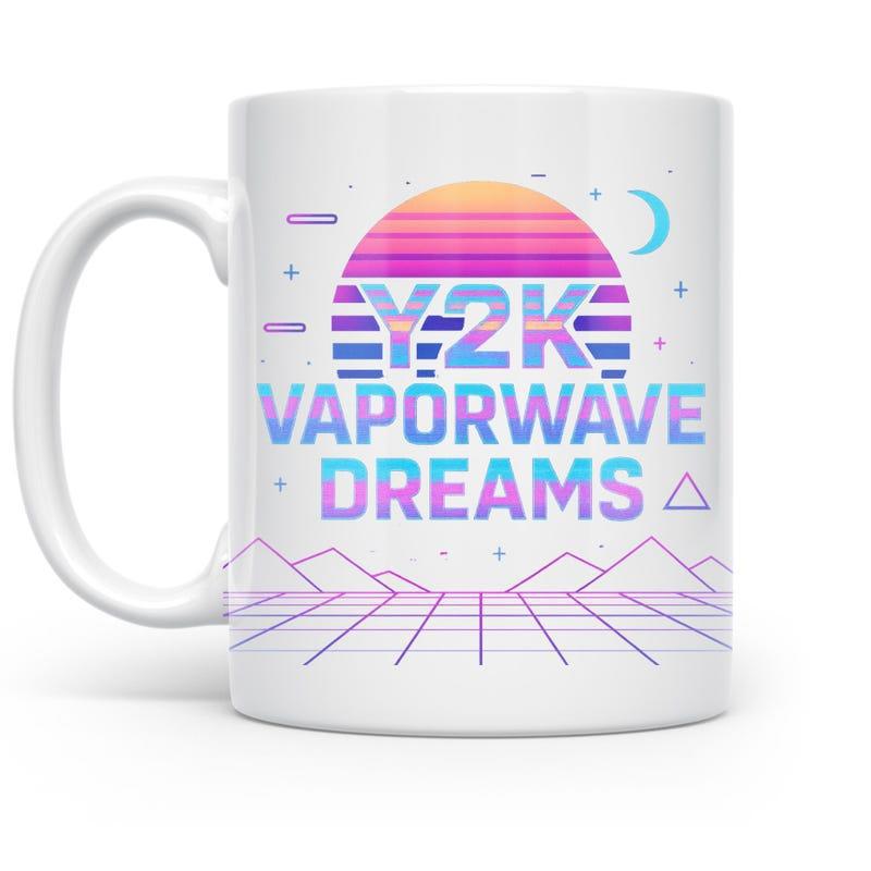 Tailorly White Ceramic 11 oz Mug - Y2K Vaporwave Dreams Vibrant Retro Sun Shining Above Digital Grid And Mountain Landscape Sun