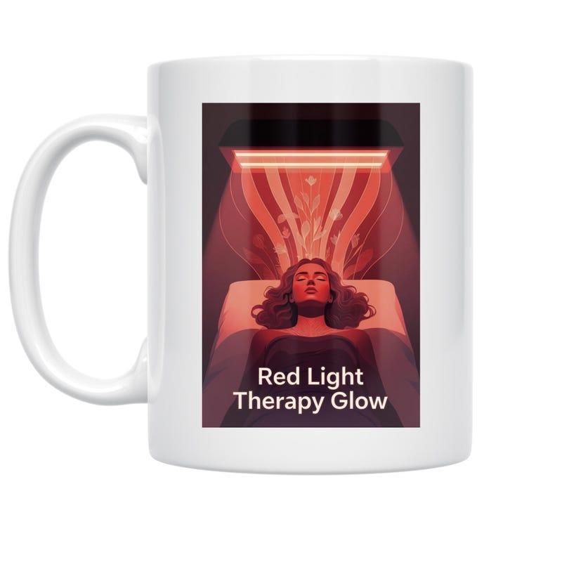 Tailorly White Ceramic 11 oz Mug - Red Light Therapy Glow Radiant Beams Of Light Illuminating A Resting Serene Woman