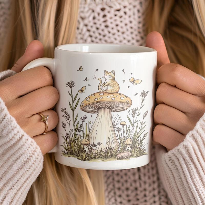 Tailorly White Ceramic 11 oz Mug - Whimsical Little Cat Sitting Peacefully Atop A Large Woodland Mushroom