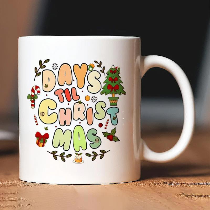Tailorly White Ceramic 11 oz Mug - Days Til Christmas Retro Festive Holiday Elements Surrounded By Ornaments And Tree