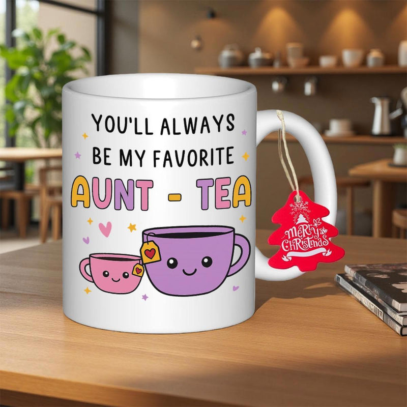 Tailorly White Ceramic 11 oz Mug - Youll Always Be My Favorite Aunt Tea Two Cute Smiling Pastel Cups With Hearts And Stars Floating Around Mug