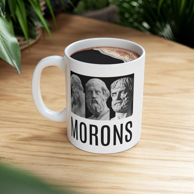 Tailorly White Ceramic 11 oz Mug - Morons Classic Three Ancient Greek Philosopher Busts Etched In Black And White Portrait